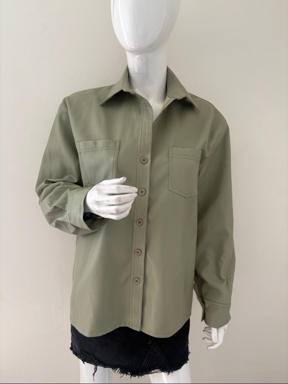 Motel Rocks Lumberjack Button Down Vega Faux Leather Shirt Jacket PU Olive Green